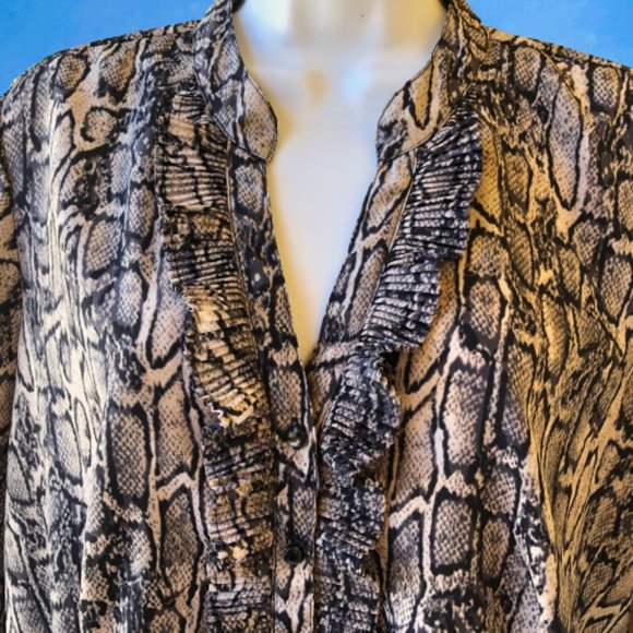 212 Collection Button Up Blouse Reptile Print Ruffles Long Sleeves - Picture 13 of 13